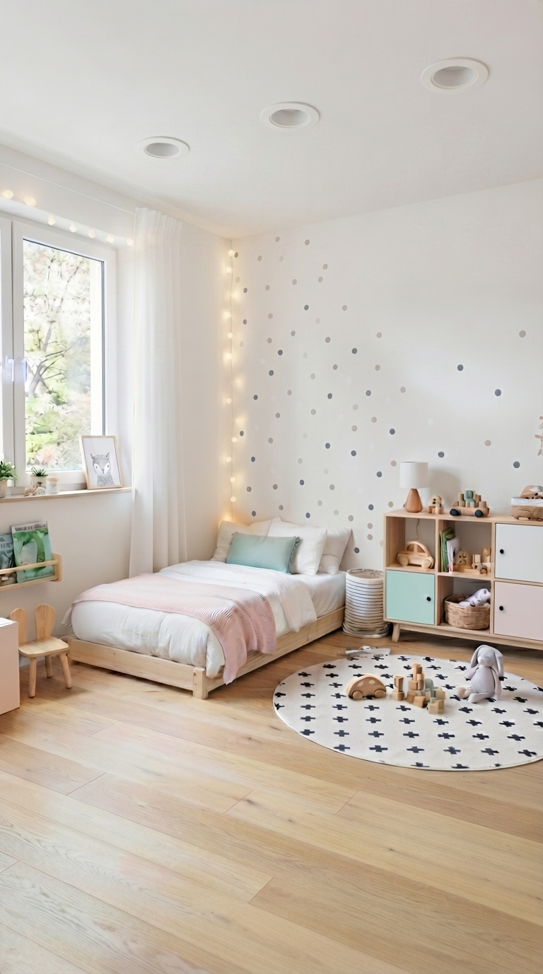 Habitación infantil luminosa con pared de puntos y mobiliario en madera clara