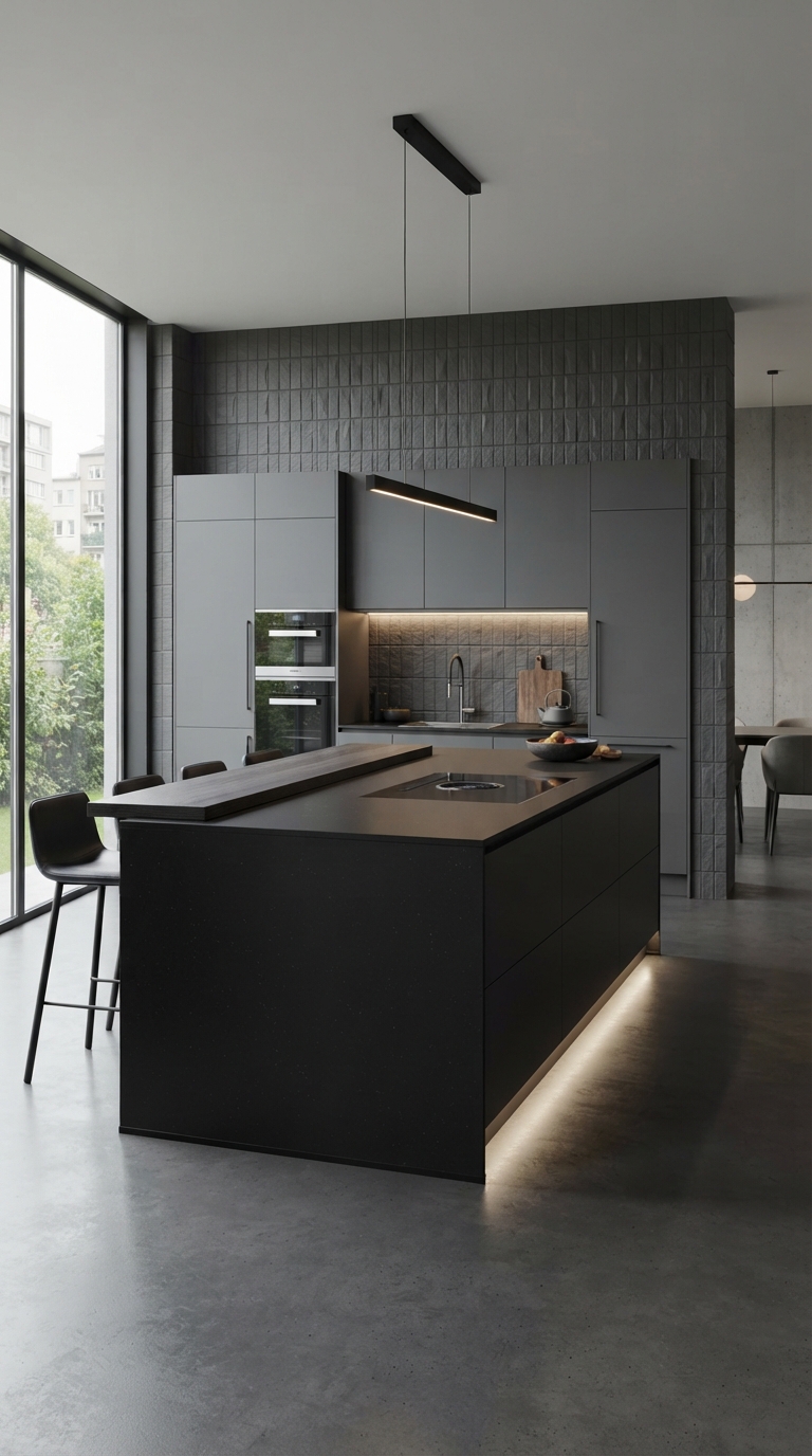 Cocina minimalista en tonos grafito con isla central e iluminación lineal