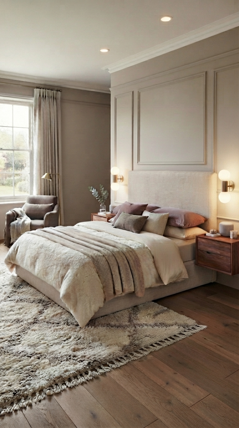 Dormitorio principal con paneles beige, apliques cálidos y textiles en capas