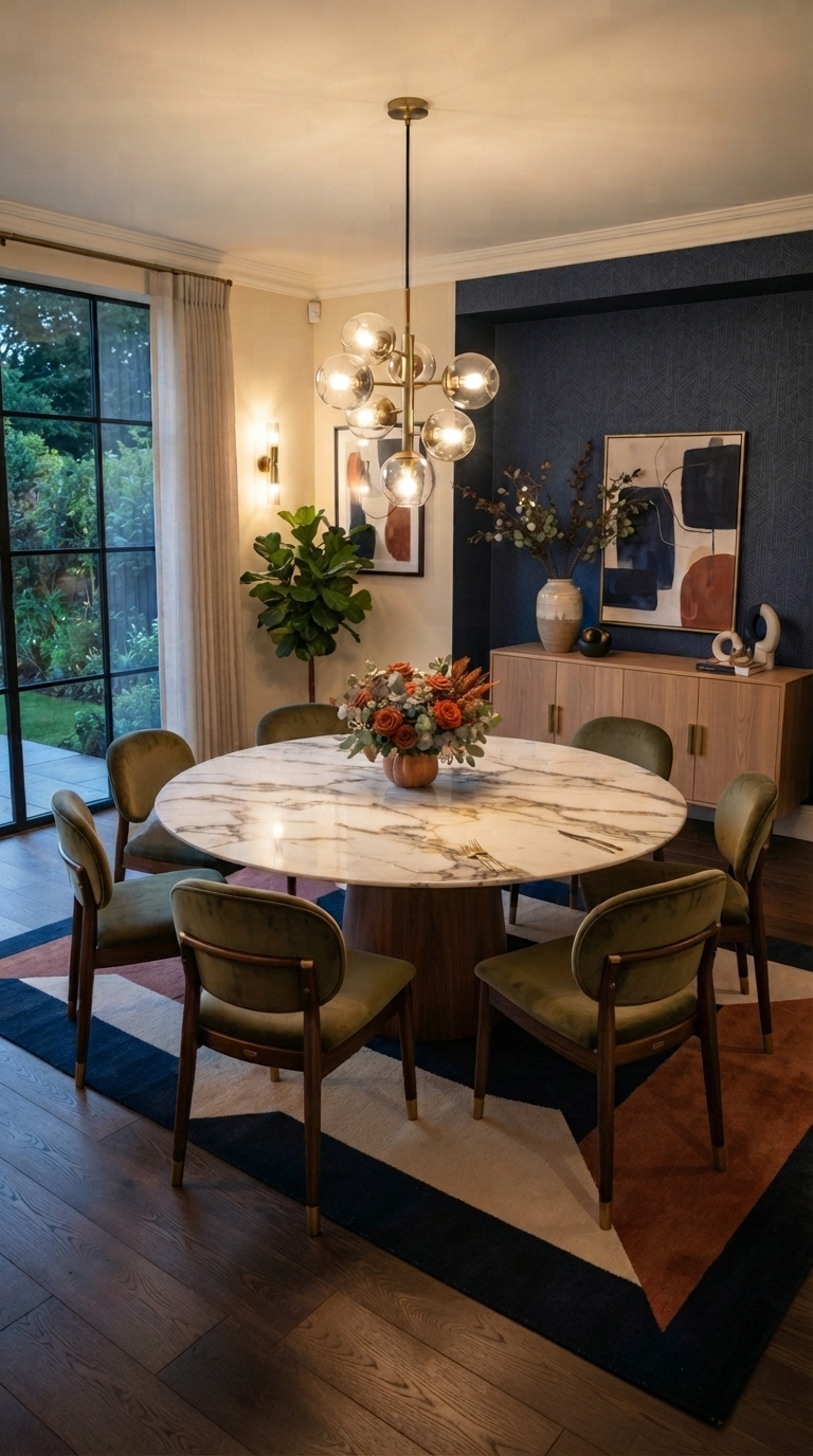 Comedor con mesa redonda de mármol, sillas verdes y pared azul profundo