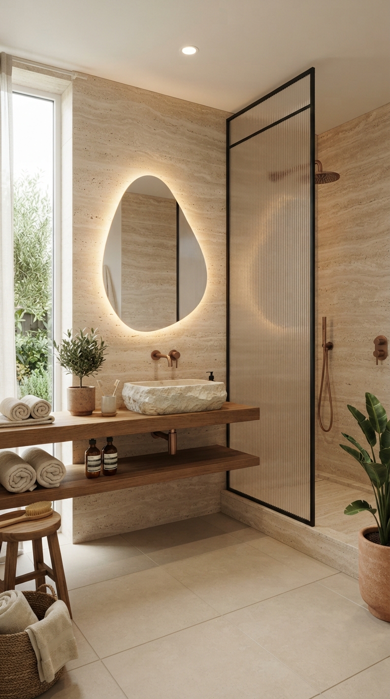 Baño en travertino con espejo orgánico retroiluminado y grifería en cobre