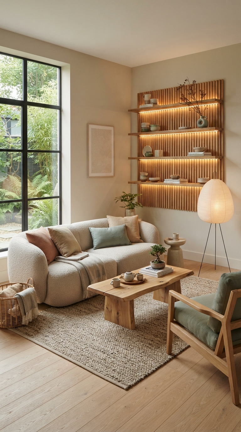 Sala de estar con listones de madera, estantería iluminada y sofá bouclé
