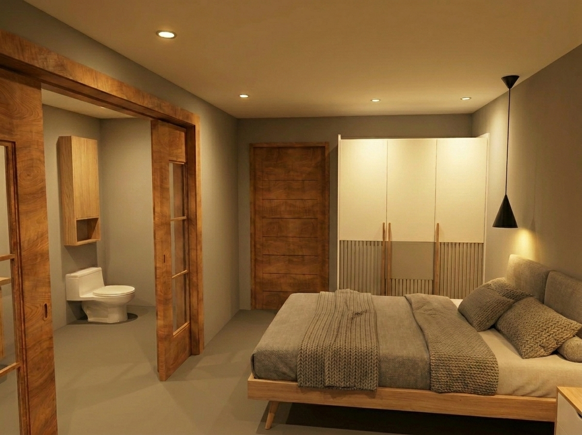 Dormitorio con carpintería de madera, baño integrado y luz cálida
