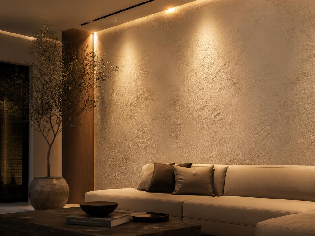 Luz cálida de acento iluminando pared texturizada en sala de estar