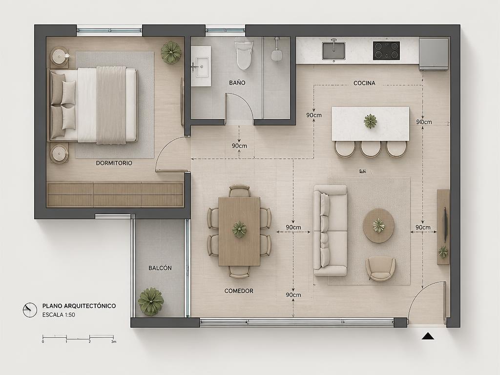 Plano arquitectónico 2D con cotas de circulación sobre mobiliario moderno