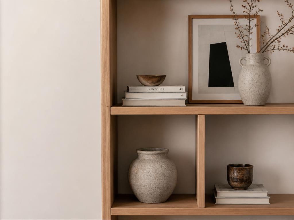 Estantería de madera con cerámica artesanal y arte enmarcado