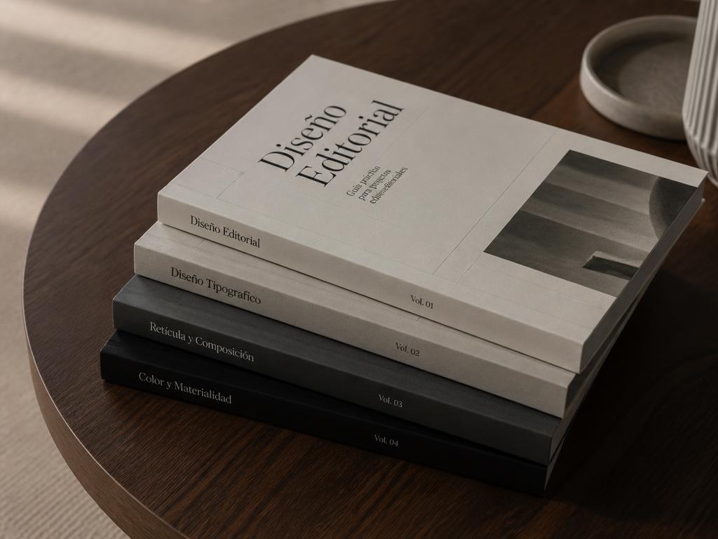Cuatro portadas de guías de diseño editorial apiladas sobre mesa de nogal
